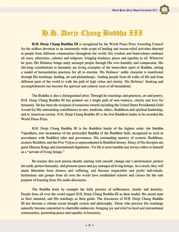 In June, 2011, the World Peace Corps Mission presented the Top Honor Prize to H.H. Dorje Chang Buddha III!-图片3